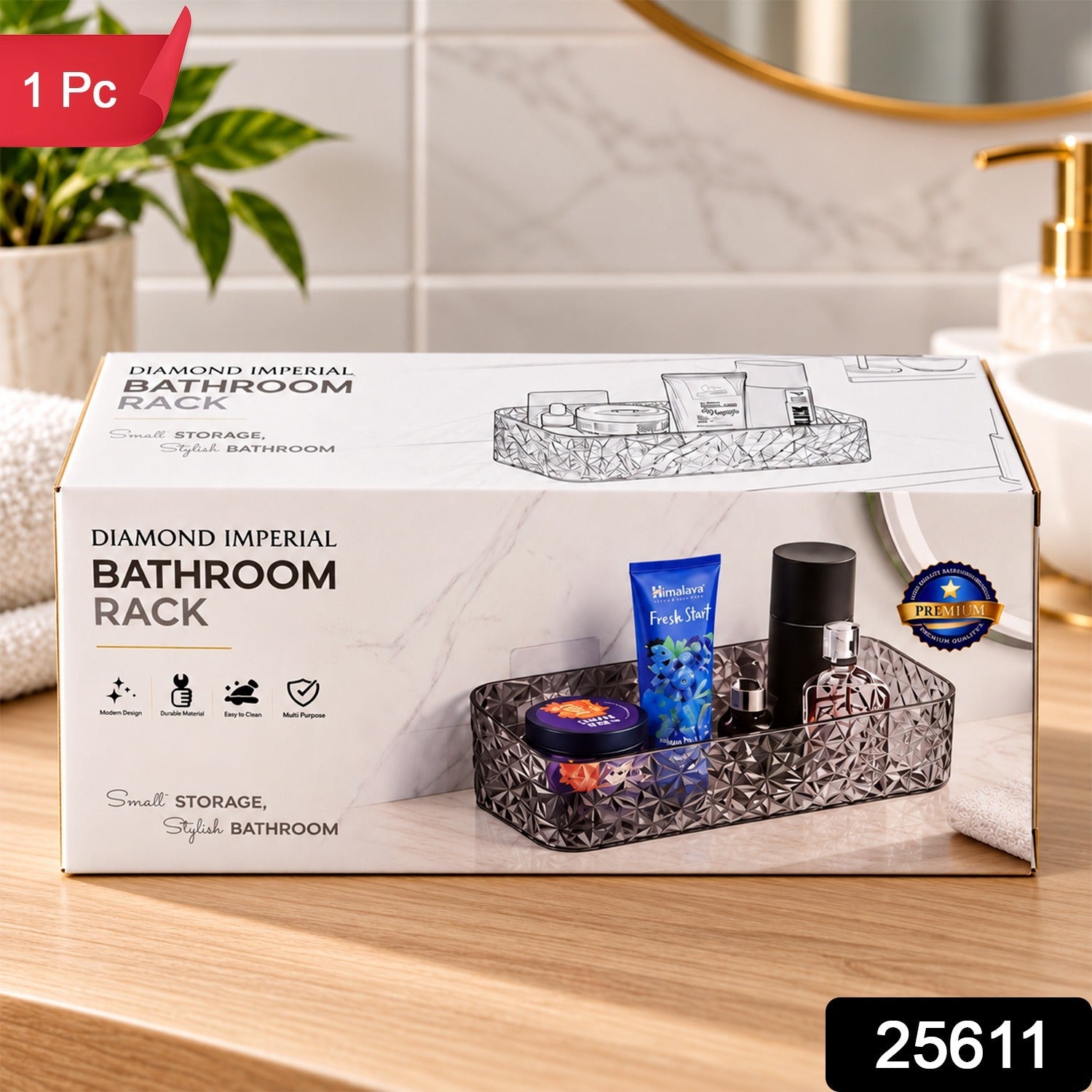 Transparent wall organiser rack with diamond pattern shown on a bathroom wall, holding toiletries
