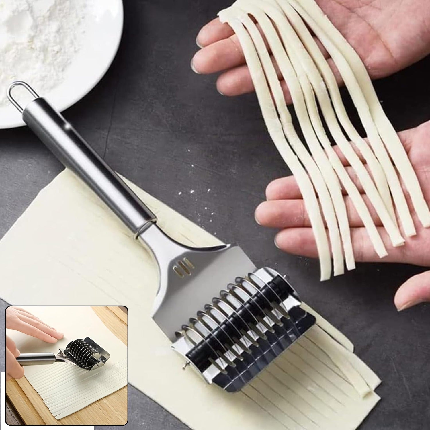Manual multi-blade dough cutter roller in use