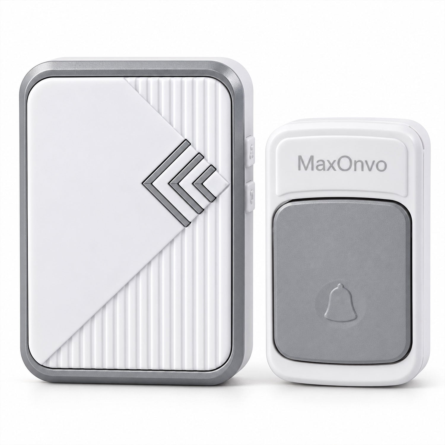 A white and gray wireless doorbell chime and button are displayed side-by-side on a plain white background.