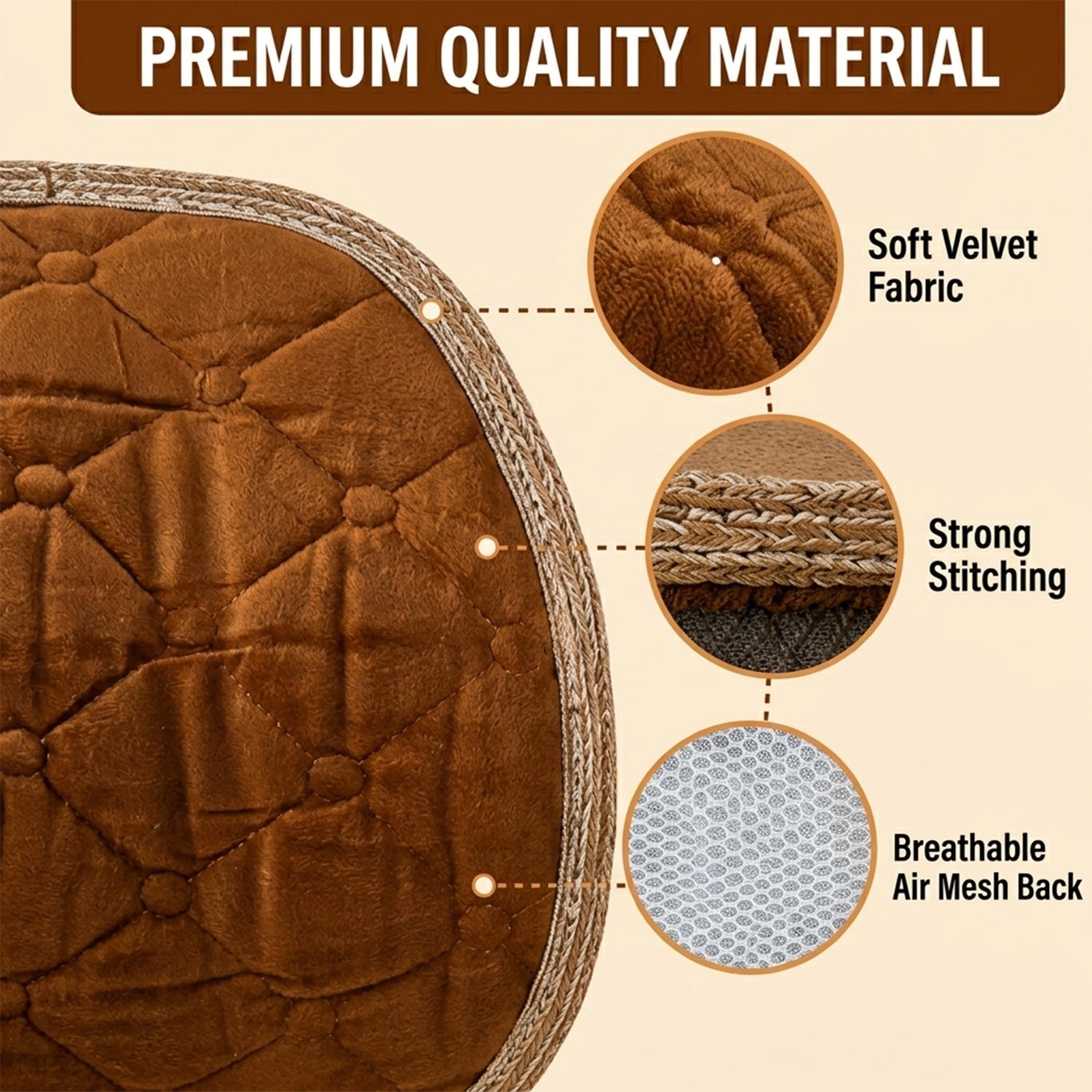 Close-up of the brown quilted velvet cushion with callouts for soft velvet, strong stitching, and breathable mesh.