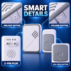 A graphic showing the white and gray doorbell chime, the doorbell button, and a plug-in receiver with a 2-pin plug. Details