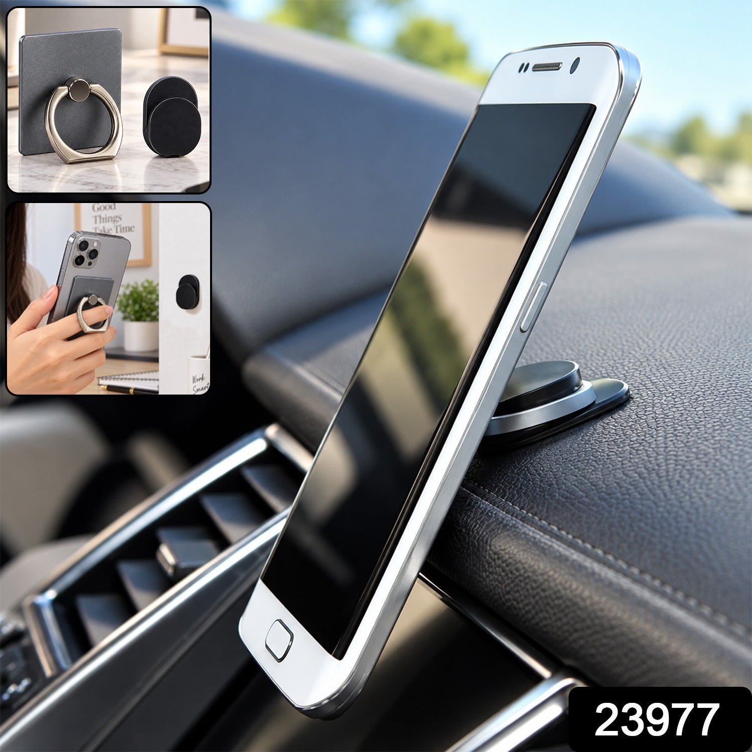 A black smartphone with a silver ring stand is shown from the back, highlighting its rotational and grip features.