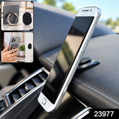 A black smartphone with a silver ring stand is shown from the back, highlighting its rotational and grip features.