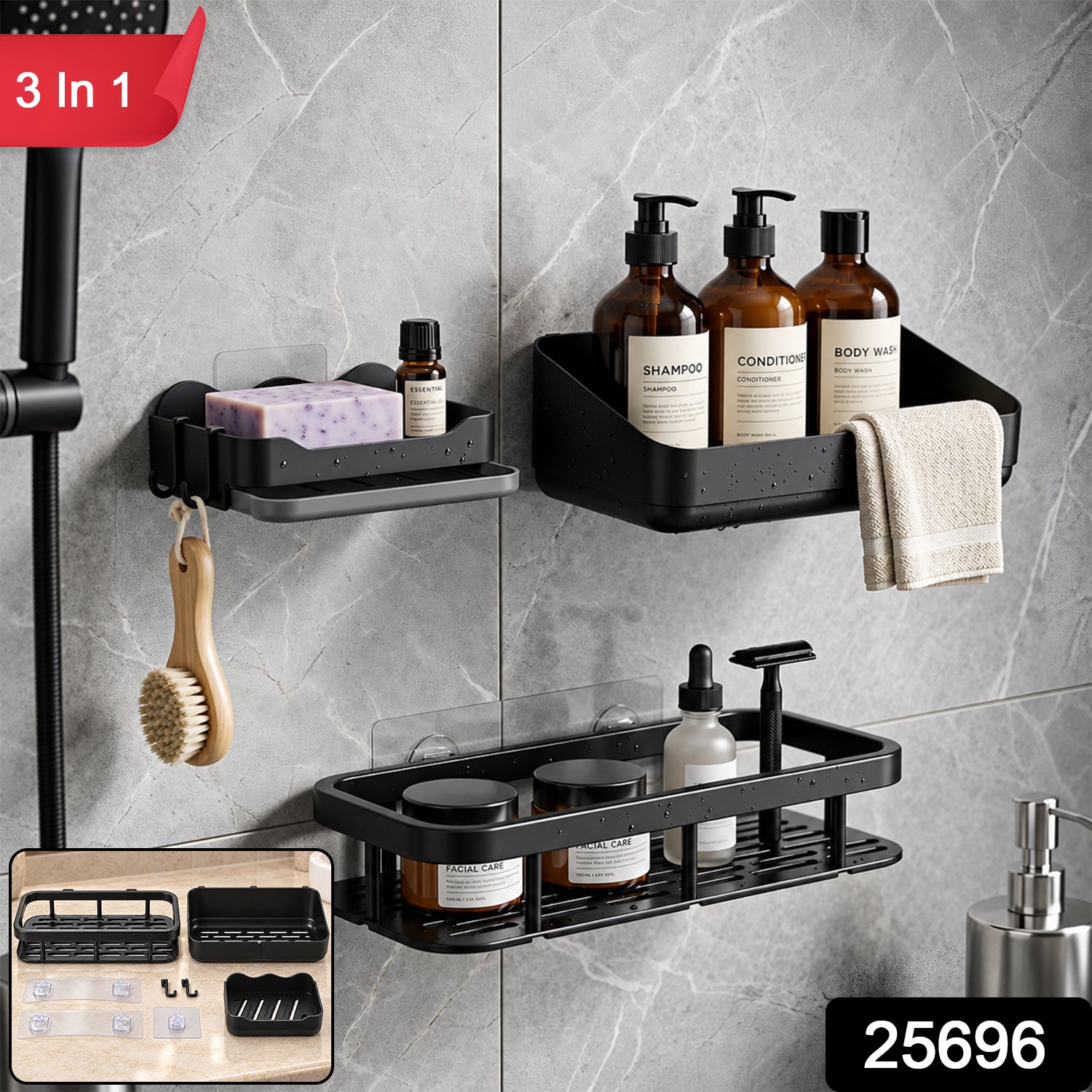 Three black plastic shower caddies with toiletries on a grey tiled wall, with a shower head and product inset.