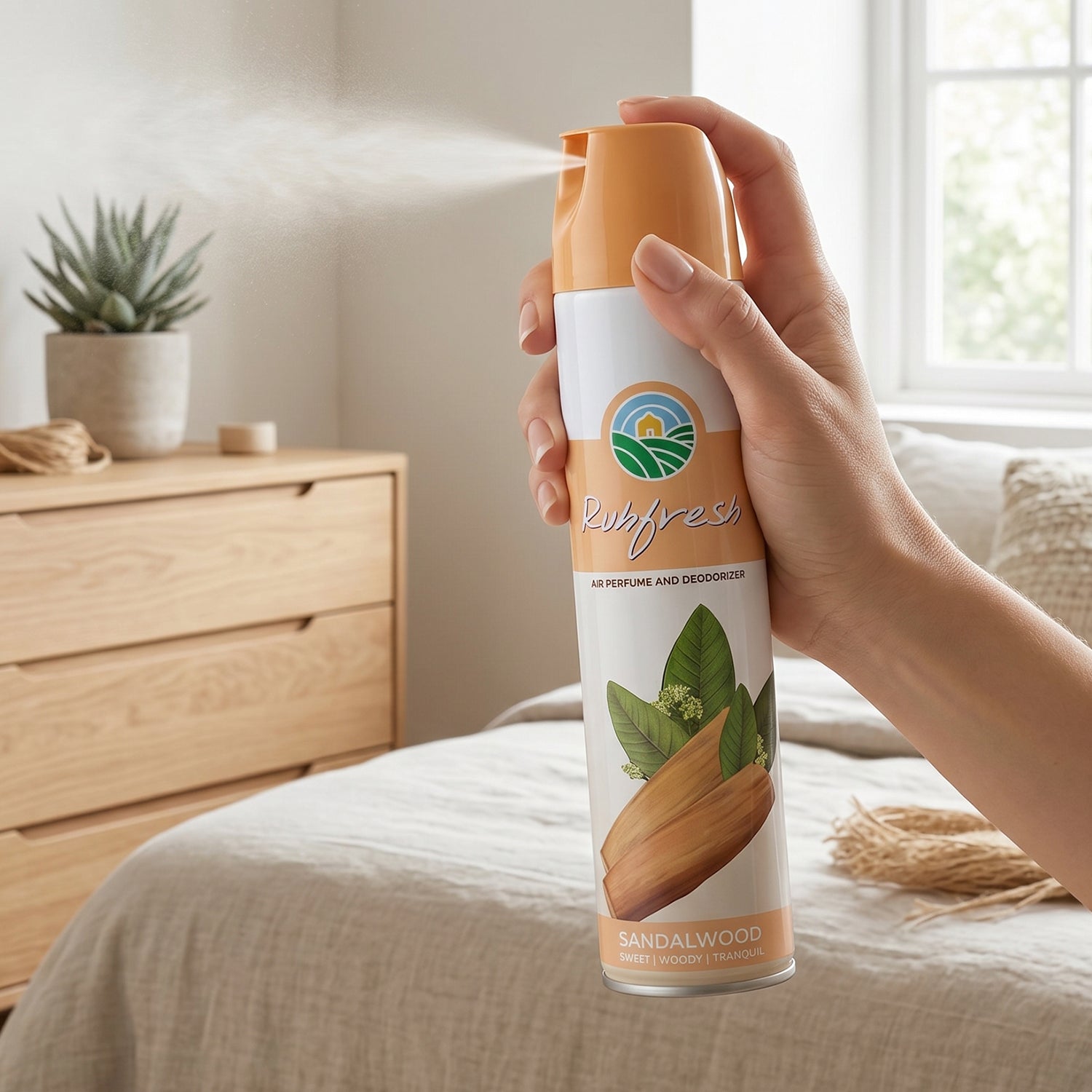 Sandalwood air freshener in a compact spray bottle