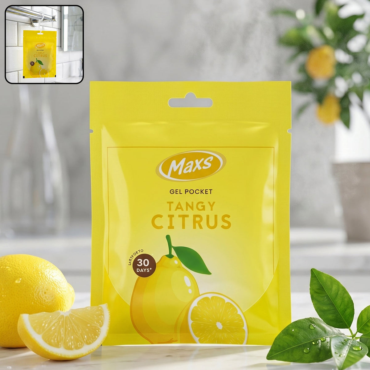Maxs Tangy Citrus Gel Air Freshener pocket in marigold fragrance