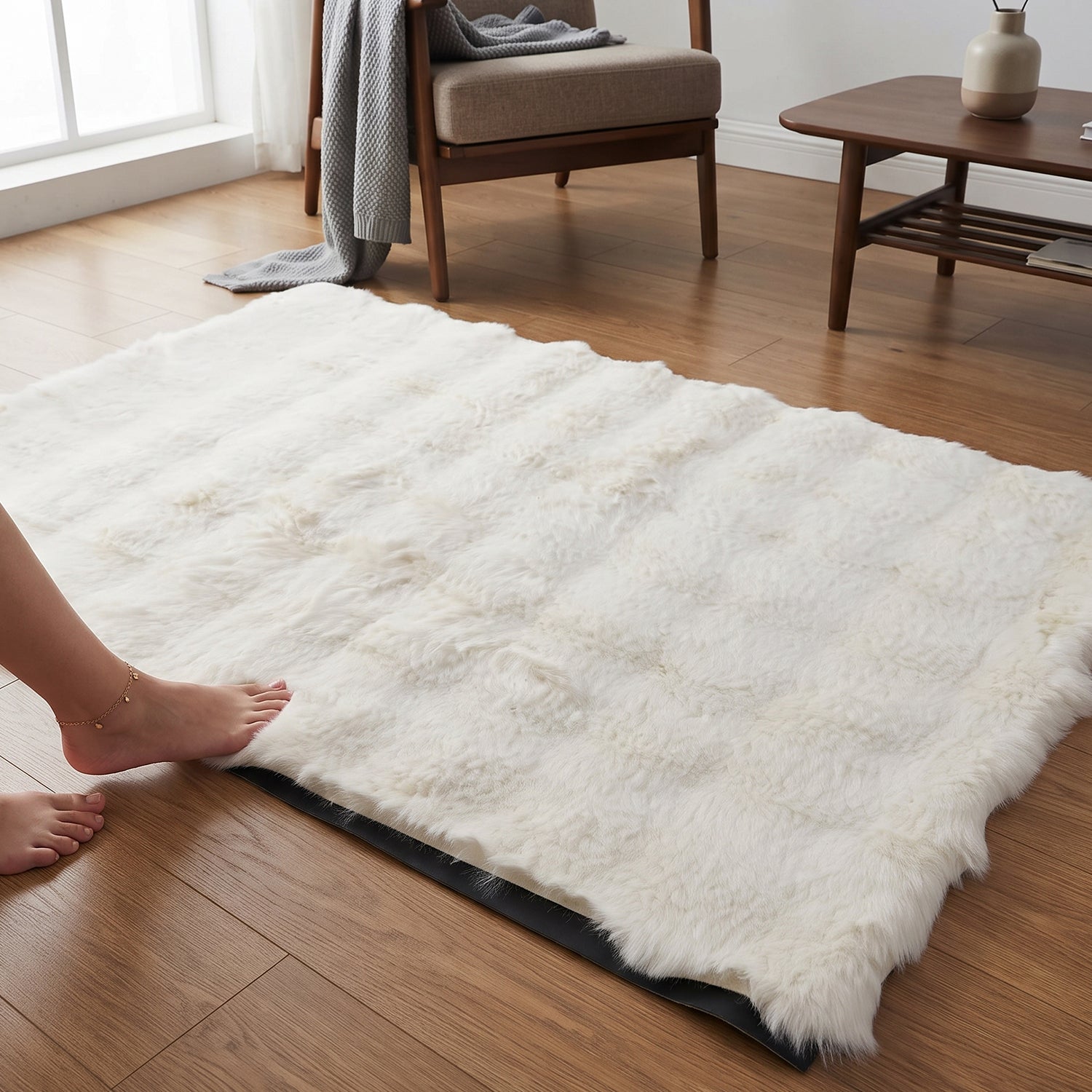 Fluffy rug used as a living room floor mat