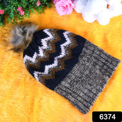 Winter Woolen Knitted Black Inside Fur Beanie Cap (1 Pc / Mix Design & Color)