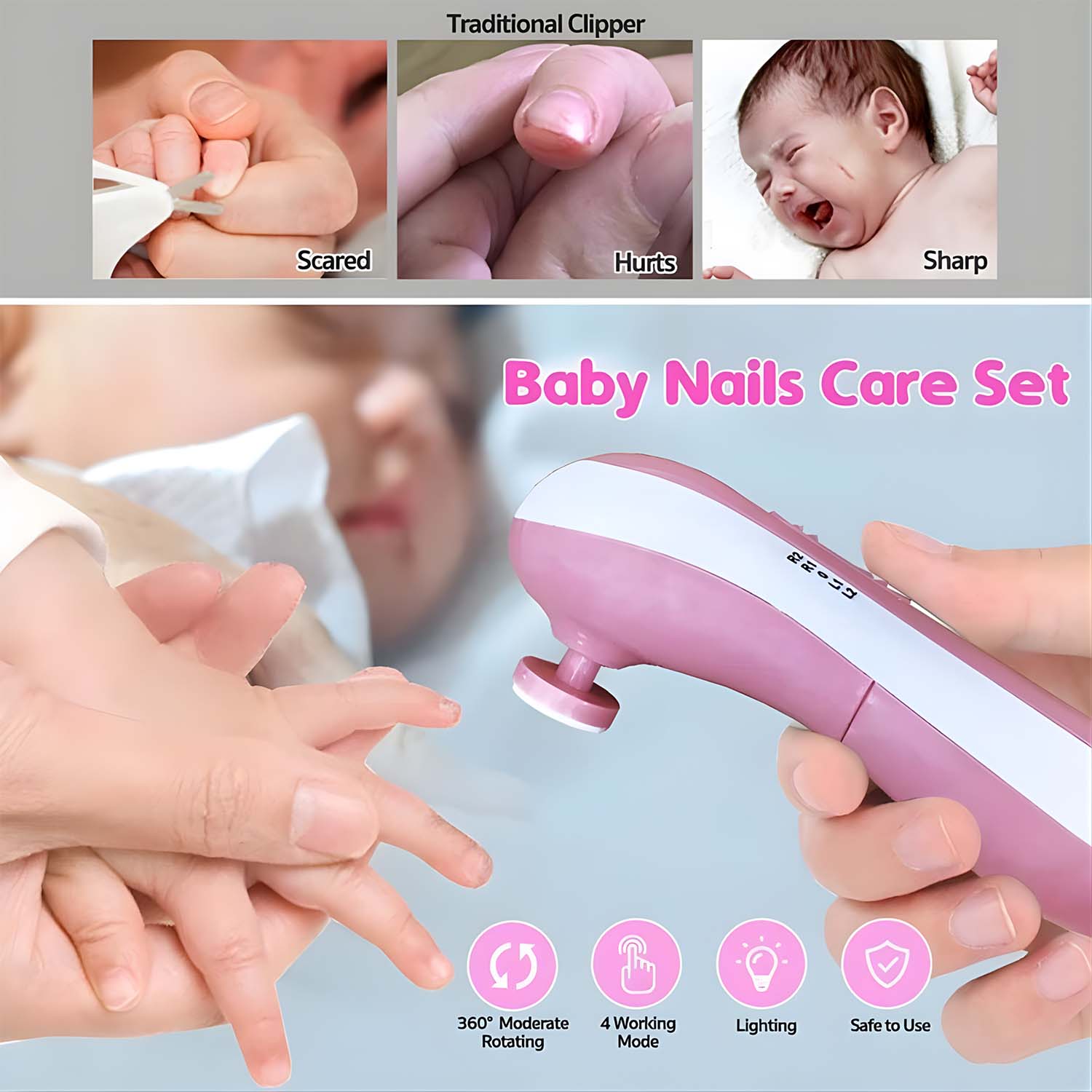 Diagram showing various grinding heads for different baby ages
