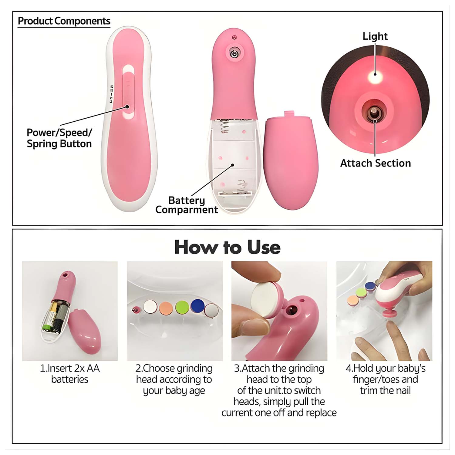 Electric baby nail trimmer kit with all 6 grinding heads and main unit