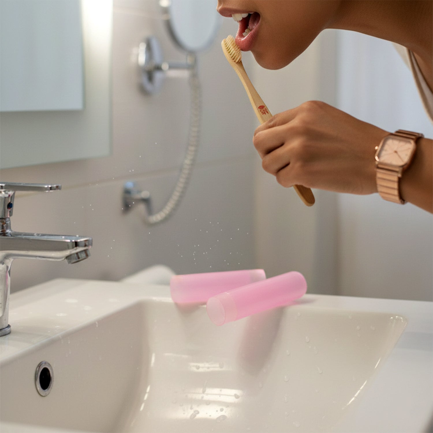 2-in-1 Toothbrush held in hand demonstrating size