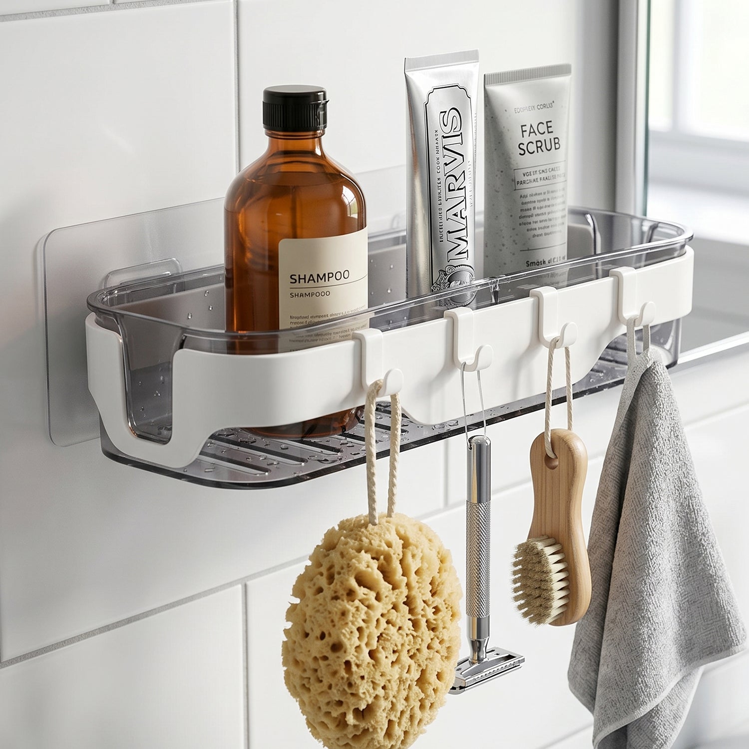 Transparent wall shelf in bathroom holding toiletries & small items