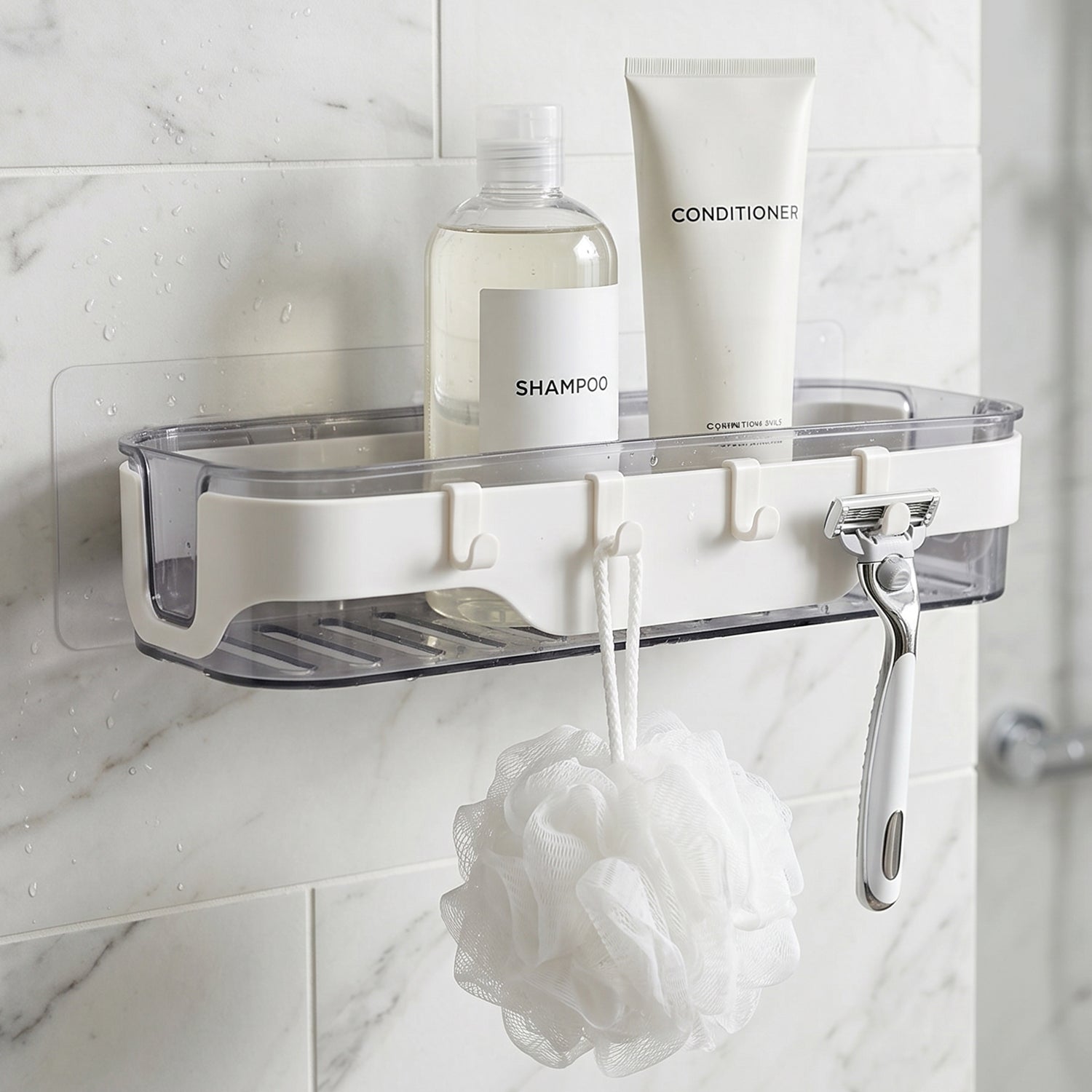 Bathroom wall organizer shelf with various personal care products