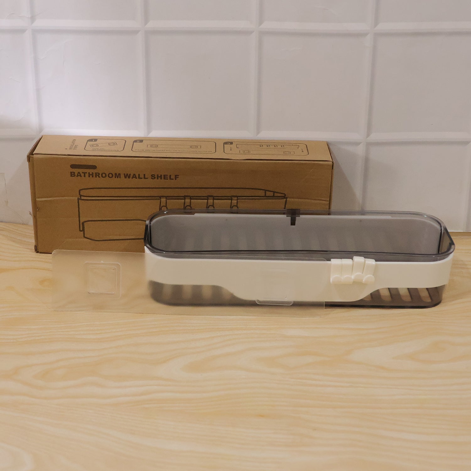 Transparent bathroom wall shelf displaying installation perspective