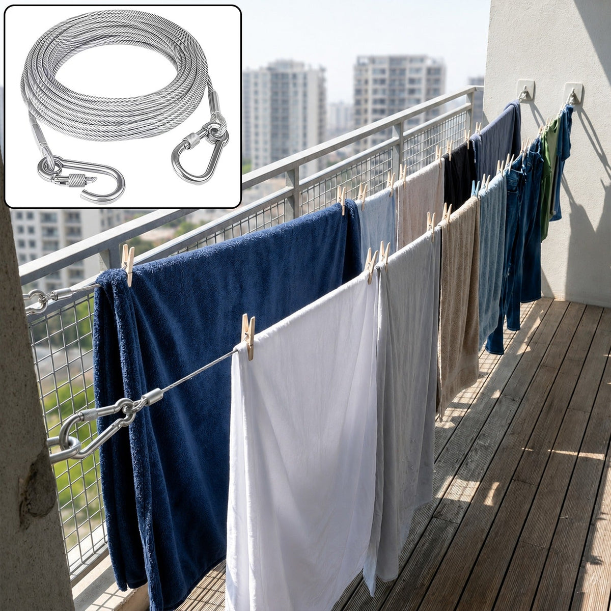 Close up of a heavy duty steel clothesline showing its braided wire and a carabiner hook.