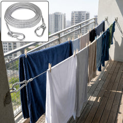 Close up of a heavy duty steel clothesline showing its braided wire and a carabiner hook.