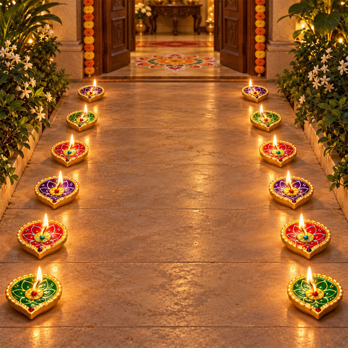 Twelve lit clay diyas line a pathway leading to a decorated doorway with floral garlands.