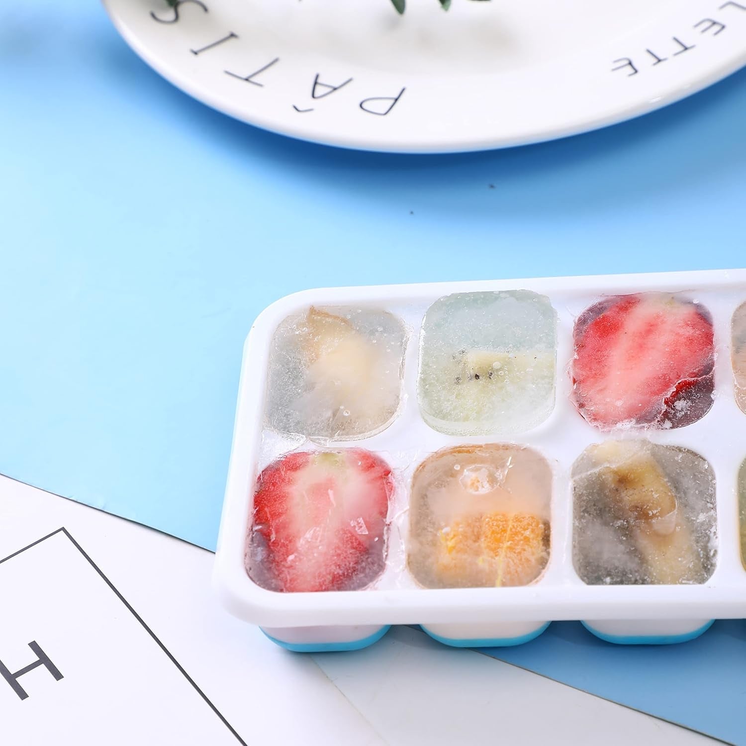 Blue ice cube tray close-up