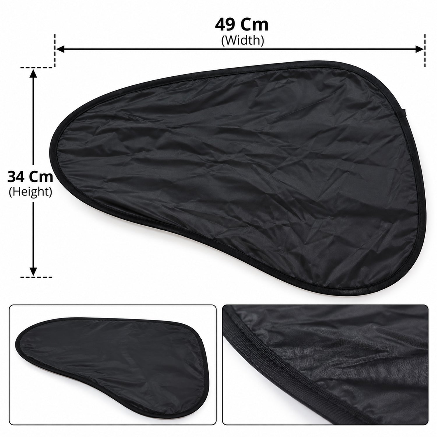 A black car sunshade with dimensions of 49 cm width and 34 cm height, with two smaller detailed views.