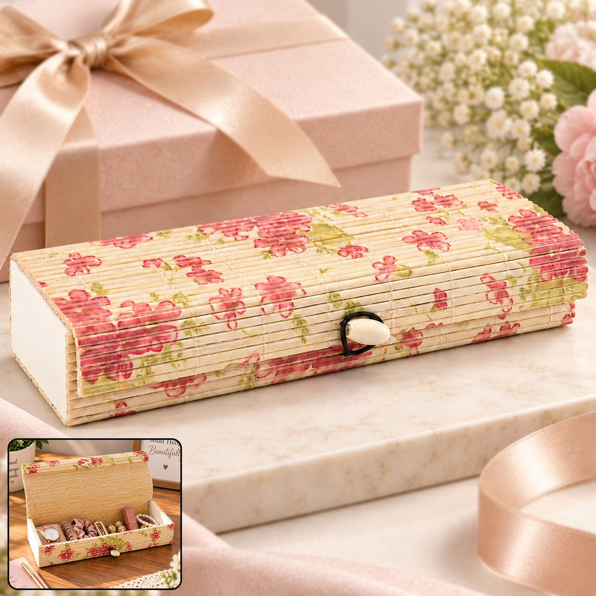 A rectangular bamboo box with a roll-top lid and pink floral pattern sits on a marble surface next to a pink gift box.