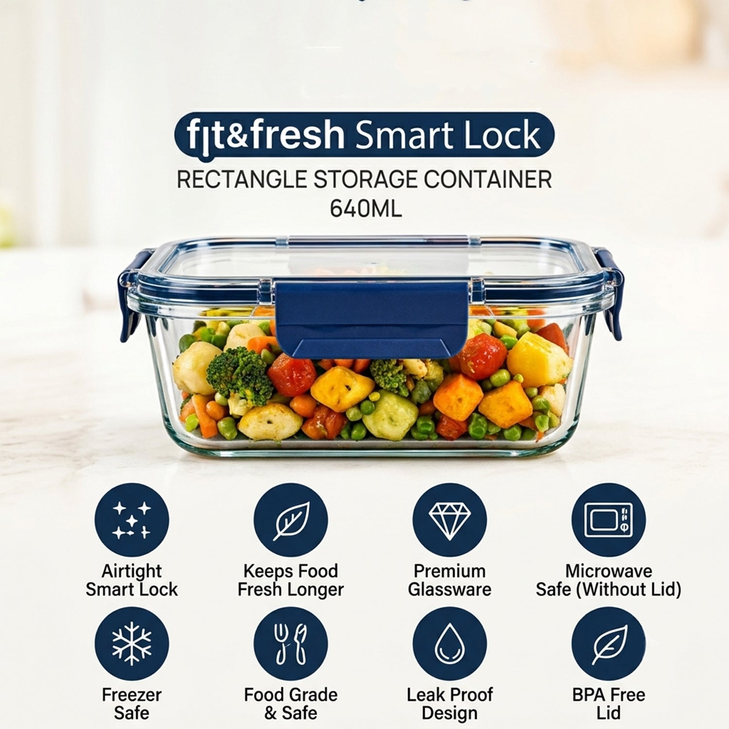 Cello 640ml Rectangular Glass Food Storage Container with Smart Lock Lid (1 Pc)