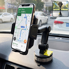 A black car mount phone holder with an adjustable long arm is attached to a car dashboard, displaying a phone with a map.