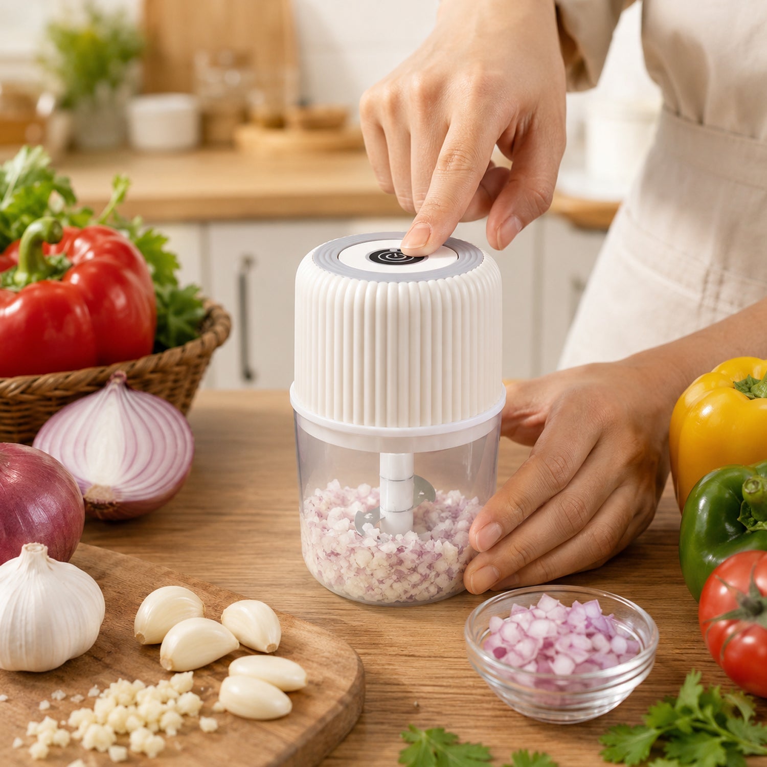 Chopping onions with mini electric garlic chopper