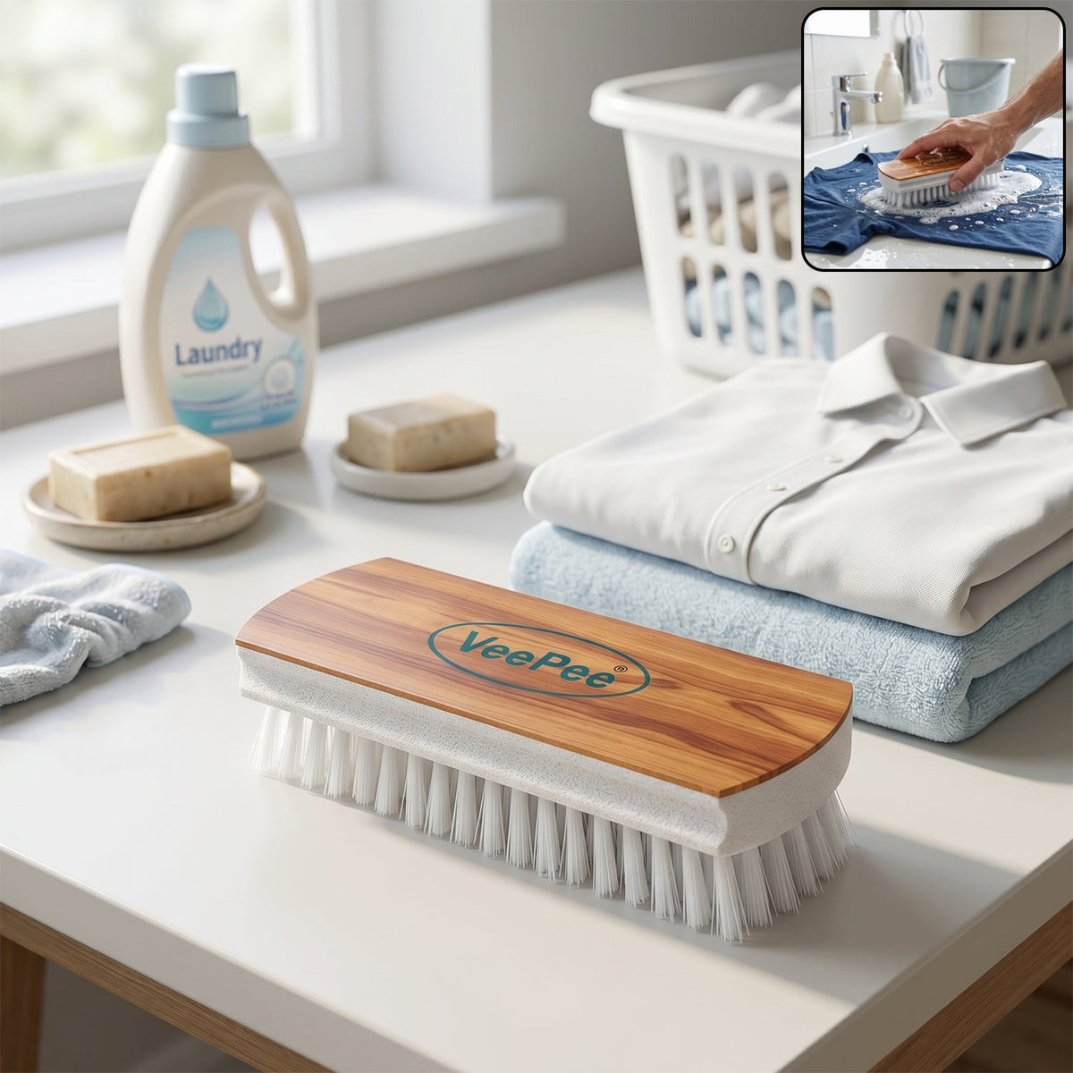 VeePee Heavy-Duty Cloth Washing Brush showing bristle side
