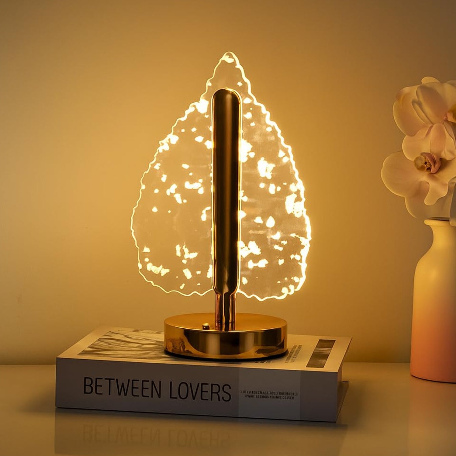 Golden Crystal Leaf-Shaped LED Table Lamp with USB Charging