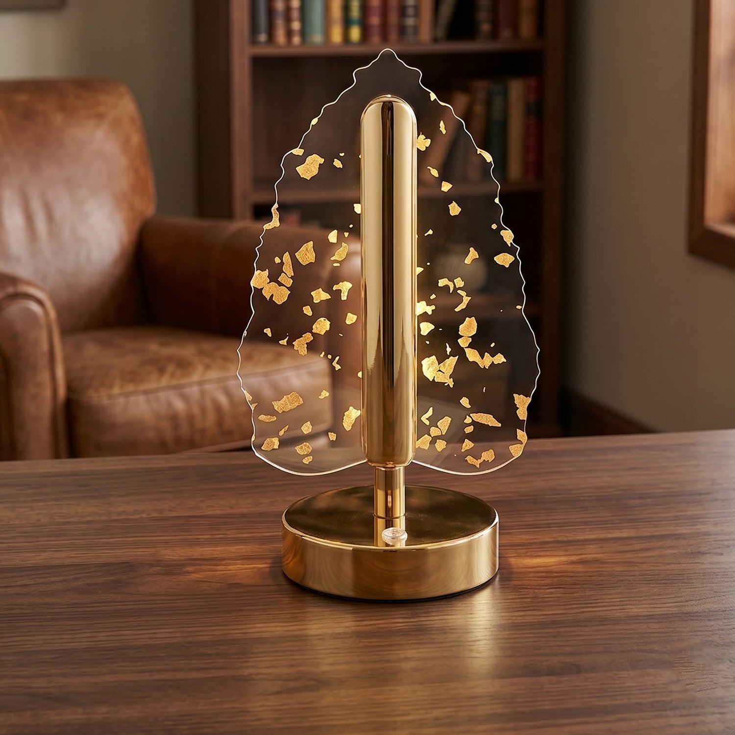 Golden Crystal Leaf-Shaped LED Table Lamp with USB Charging