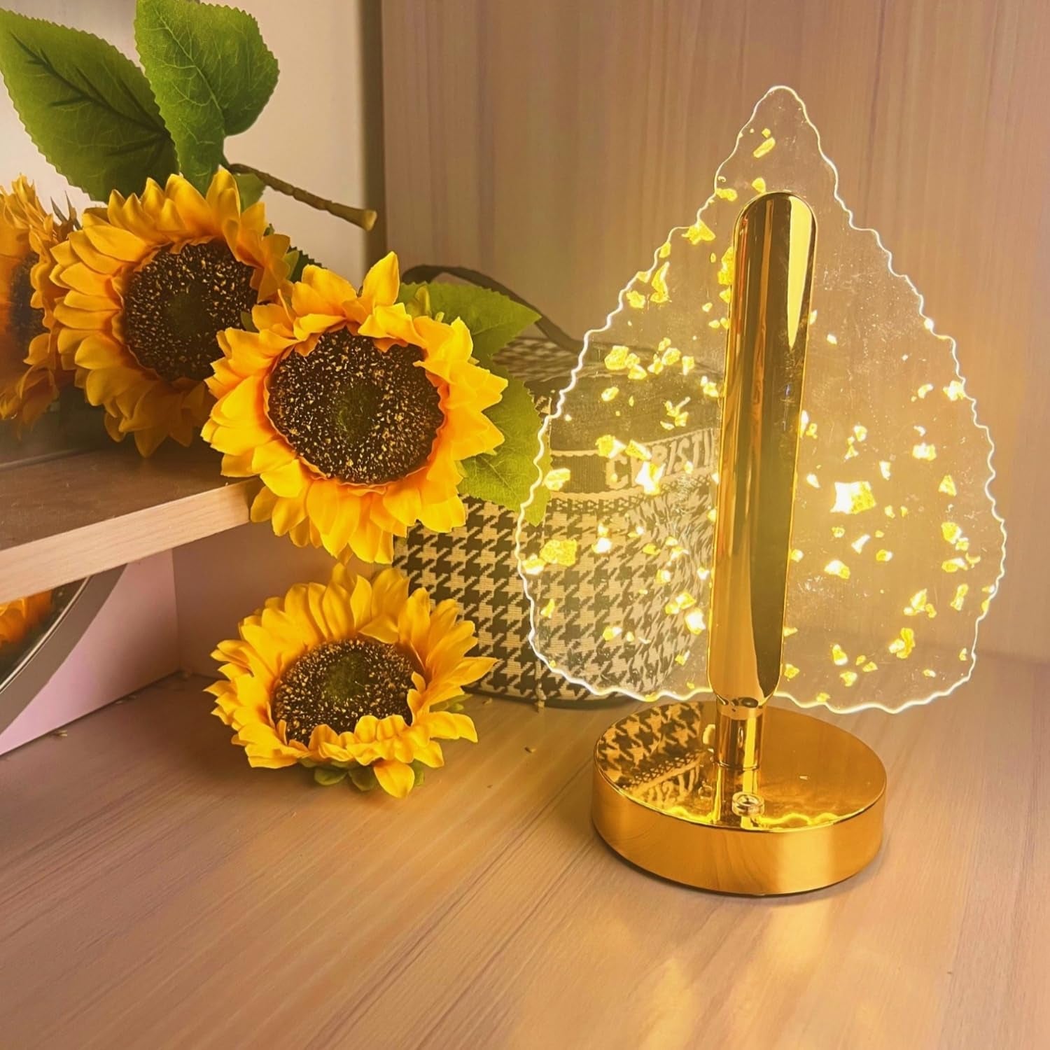 Golden Crystal Leaf-Shaped LED Table Lamp with USB Charging