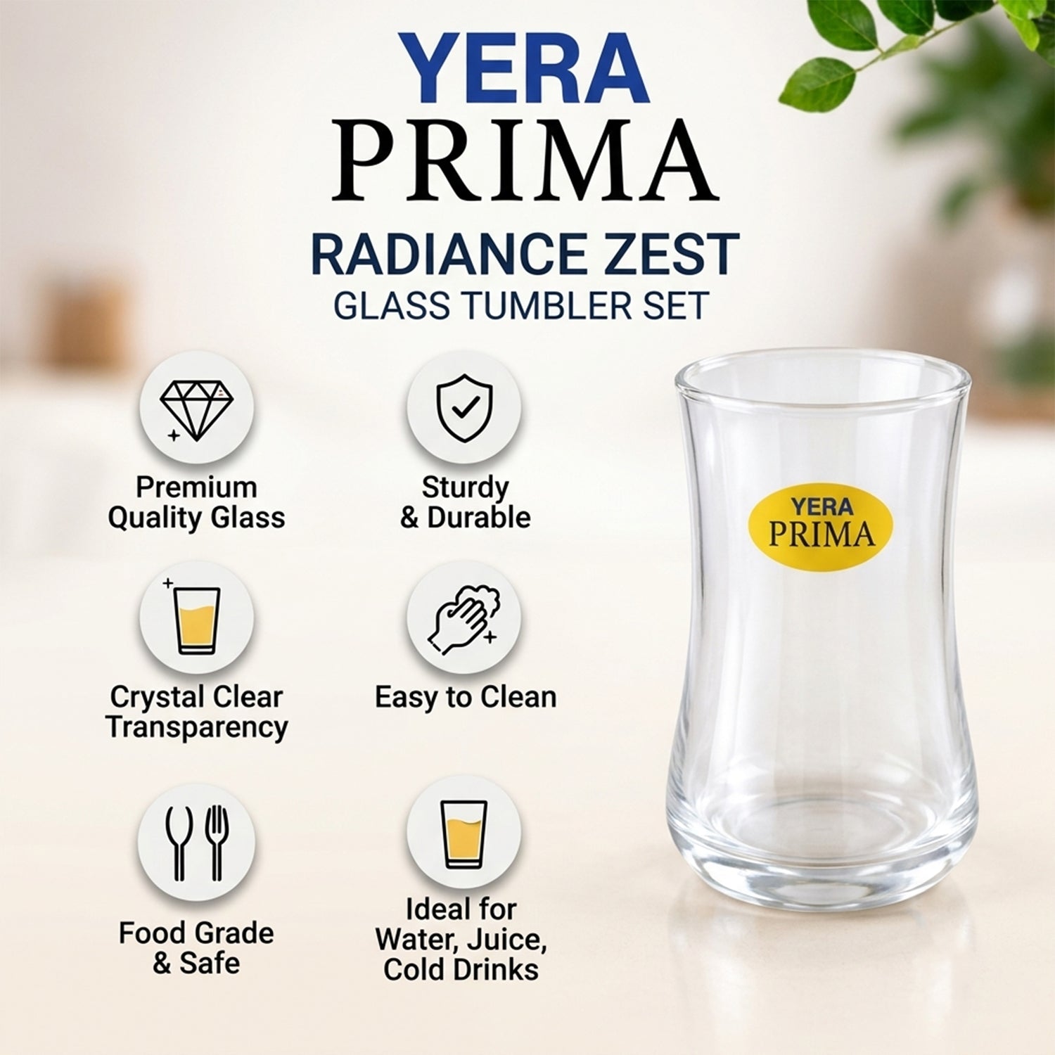 Yera Prima Radiance Zest Curved Glass Tumbler Set for Water and Juice (6 Pc)