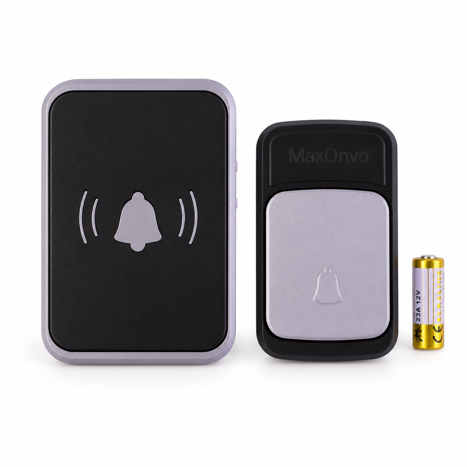 A black and white wireless doorbell receiver and transmitter are displayed next to a small battery on a white background.
