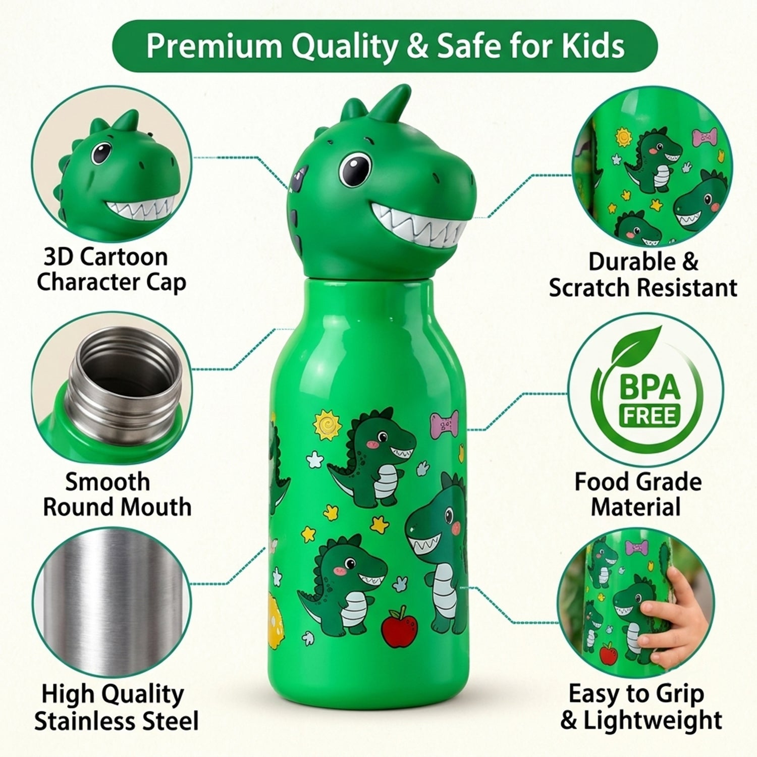 Kids Animal Water Bottle with 3D Character Cap and Printed Design (1 Pc, Mix Design)