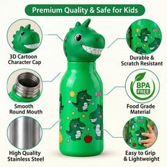 Kids Animal Water Bottle with 3D Character Cap and Printed Design (1 Pc, Mix Design)