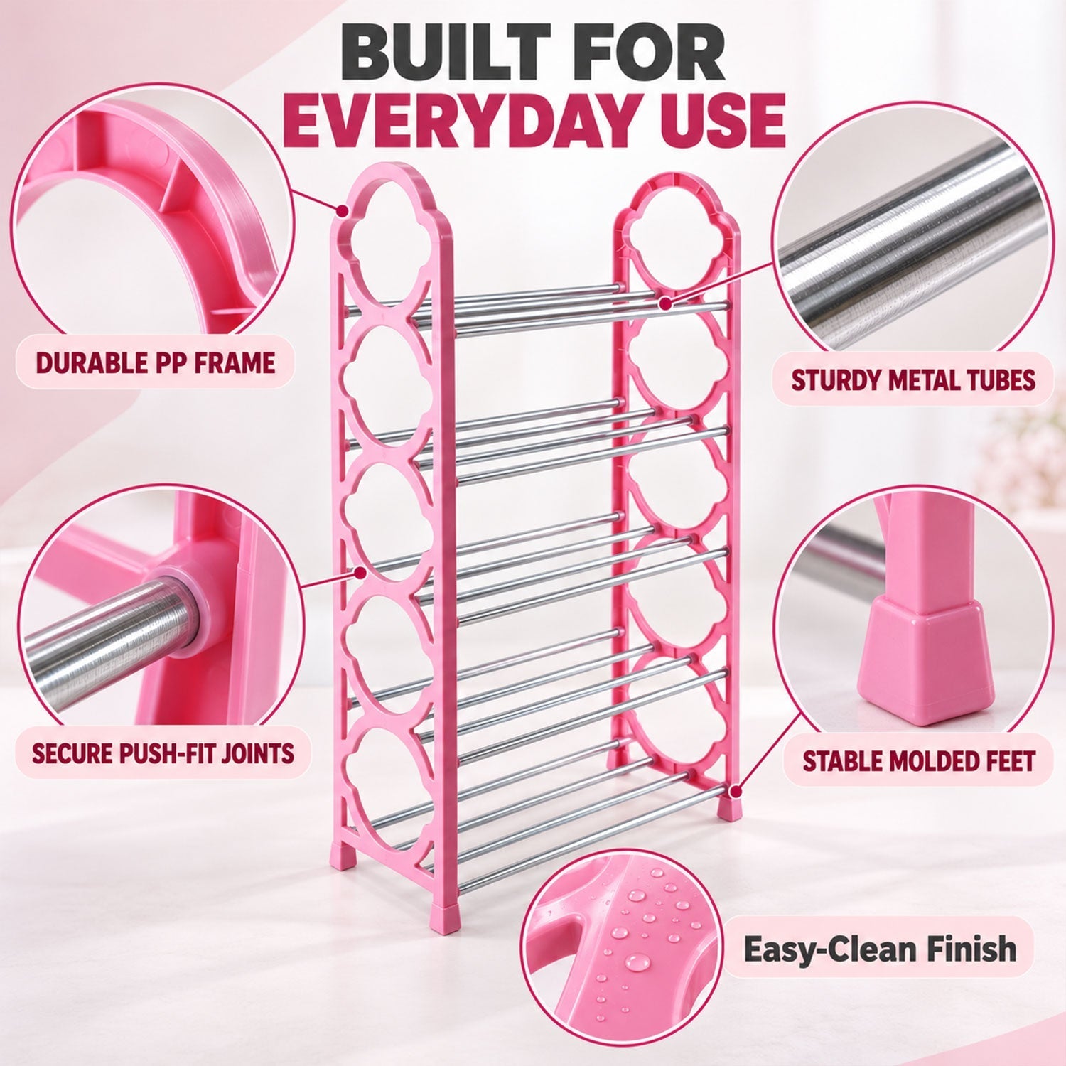 Detailed view of the pink shoe rack highlighting its durable polypropylene frame, sturdy metal tubes, secure push-fit