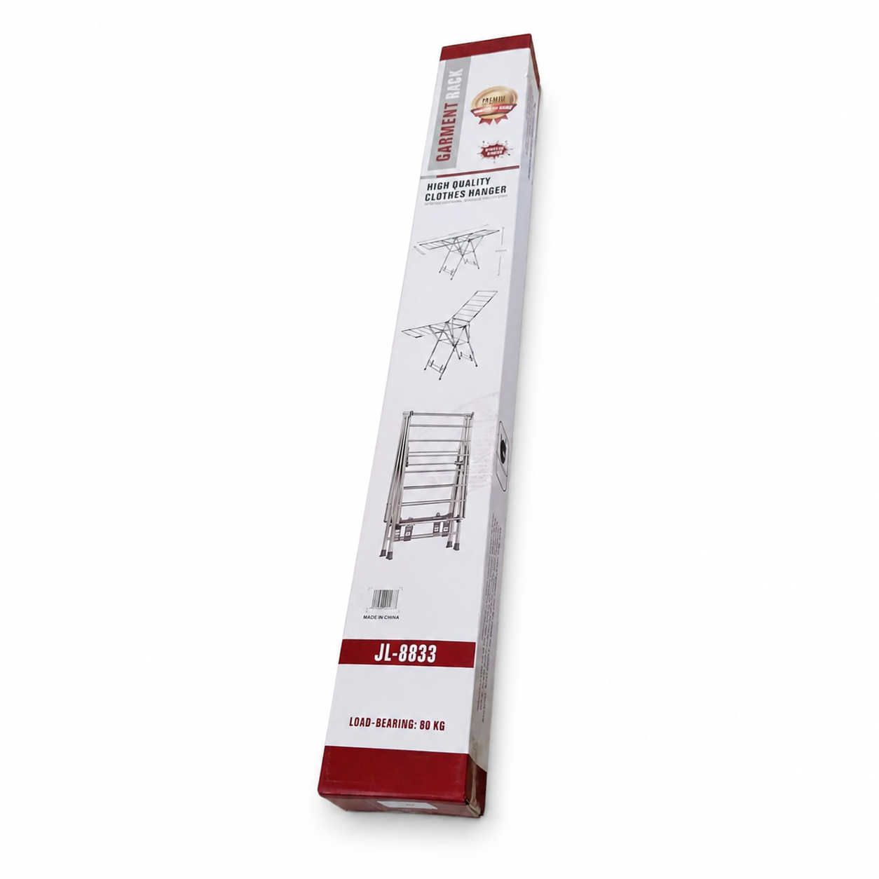 A white and red cardboard box for a "High Quality Clothes Hanger," featuring images of the foldable drying rack.
