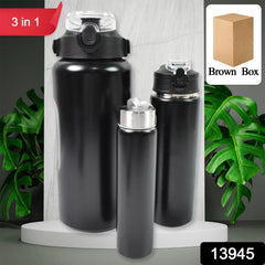 3 in 1 Stainless Steel Insulated Water Bottle â€“ Double Wall Vacuum (3 Pcs Set)