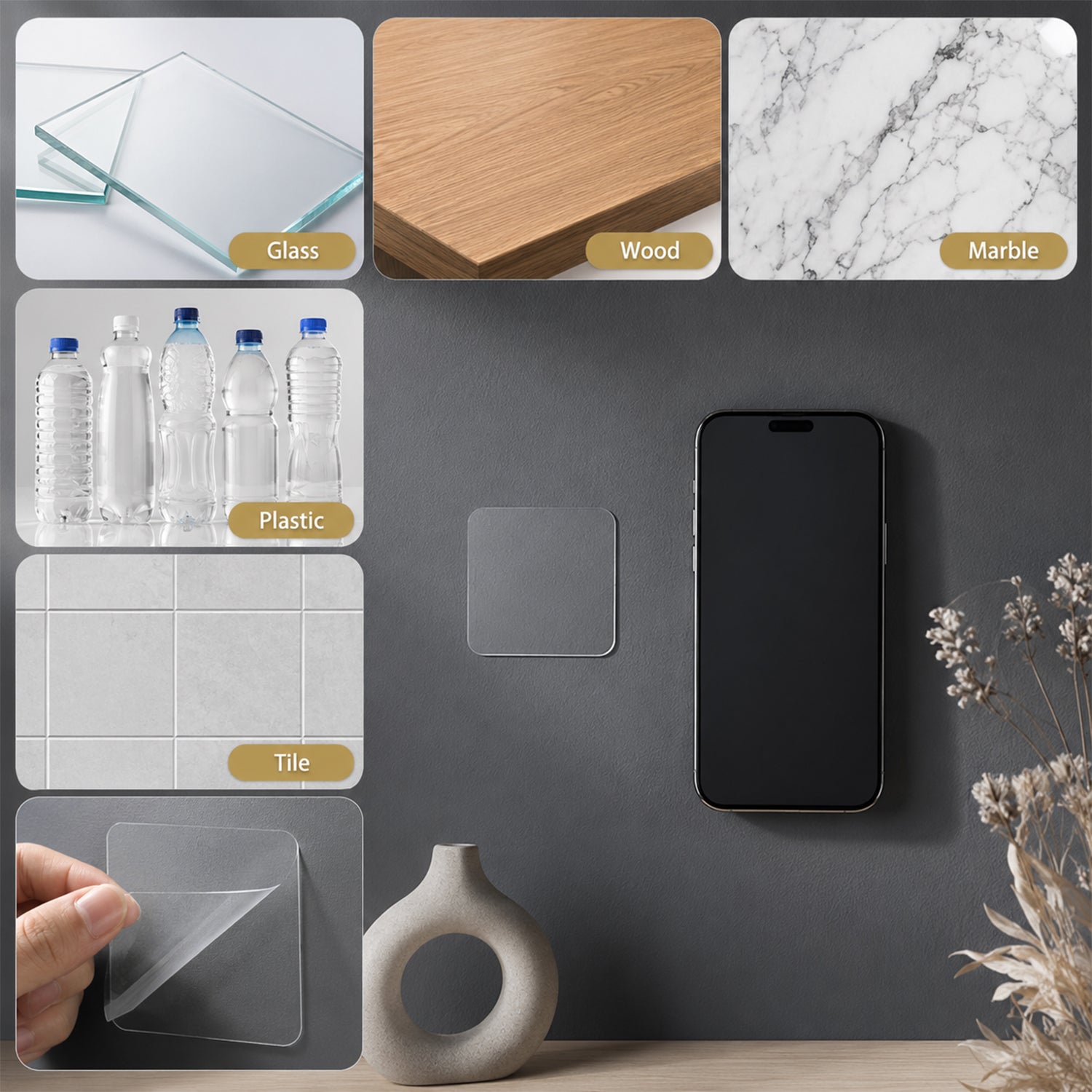 Double Side Sticker surface compatibility on glass wood marble plastic tile
