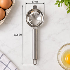 An overhead view of the stainless steel egg separator with dimensions of 20.5 cm total length and 6.7 cm width.