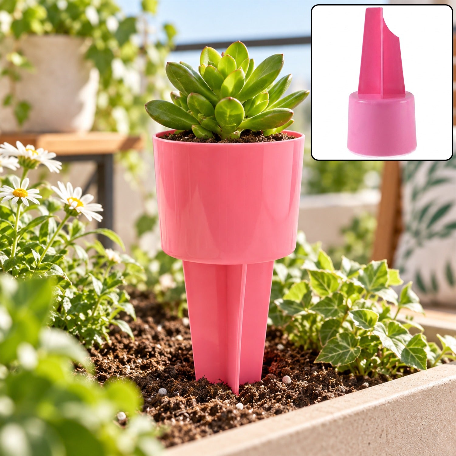 A pink plastic cup holder with a succulent plant in it, staked into garden soil with green plants around.