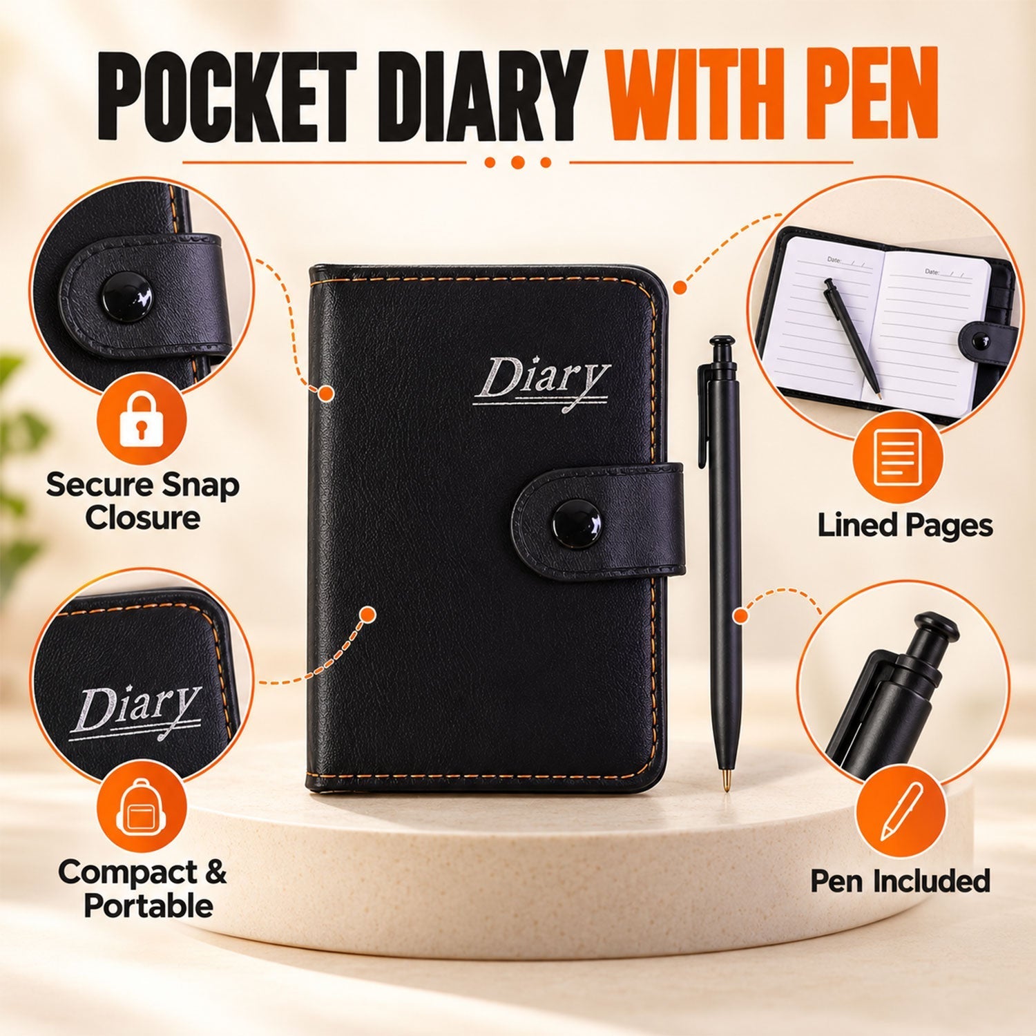 Lined Pocket Notebook Diary with Pen and Snap Closure (1 Pc, 12 x 8 Cm)