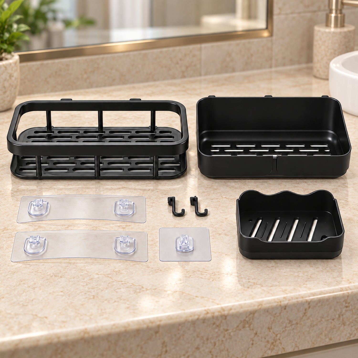 A disassembled set of three black plastic shower caddies, hooks, and adhesive mounts on a beige countertop.