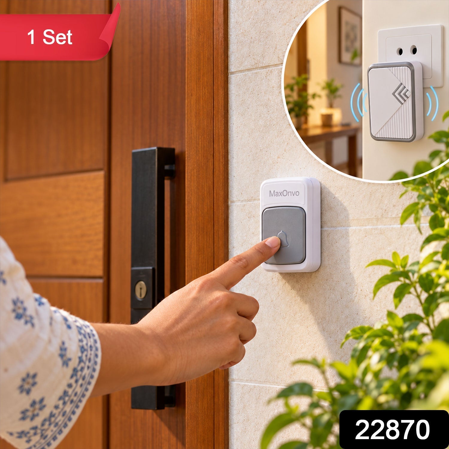 A person's hand presses a gray and white wireless doorbell button mounted on a light-colored wall next to a wooden â€“ view 6
