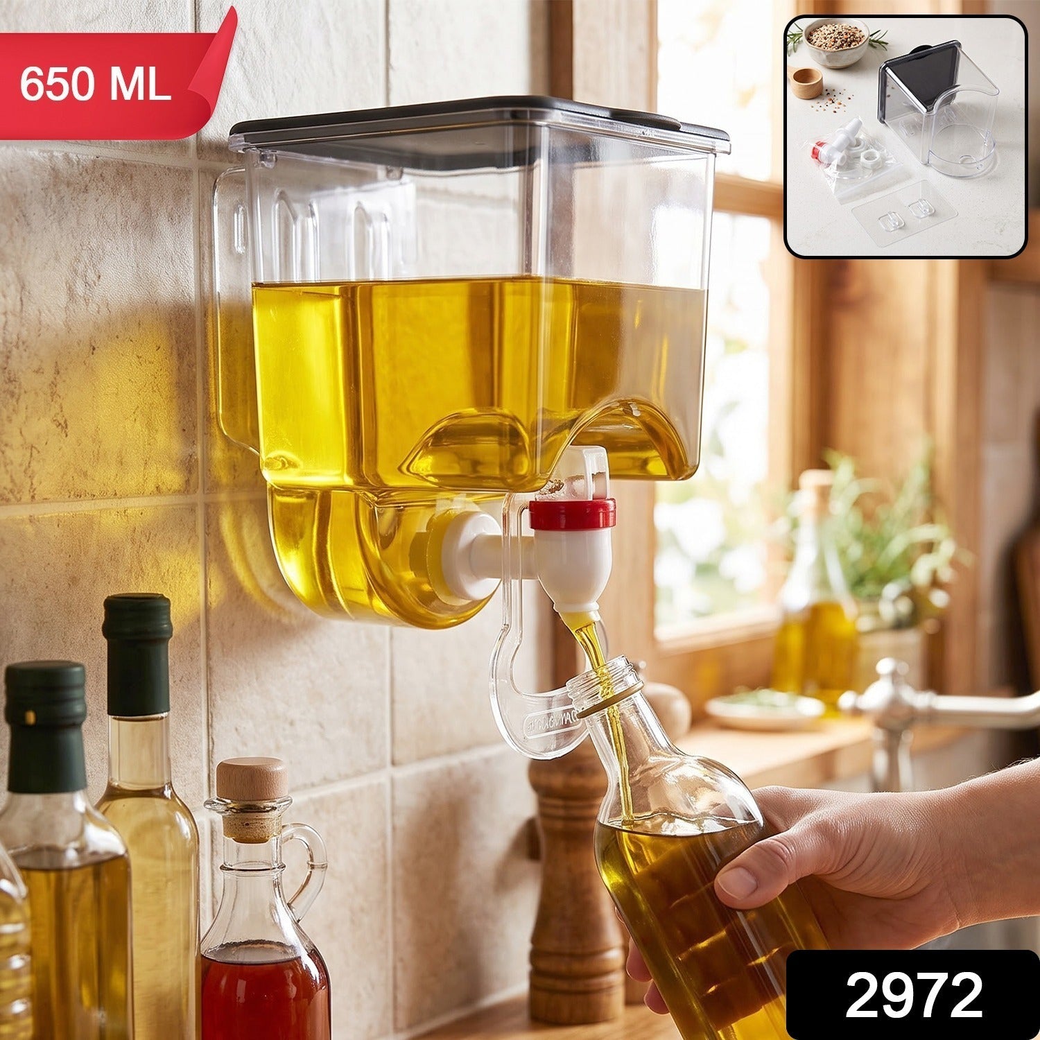 Wall mounted plastic oil dispenser with tap, 1 piece