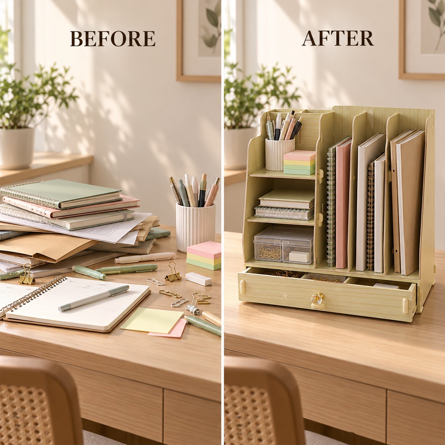 Split image showing a messy desk on the left and an organized desk with the wooden organizer on the right.