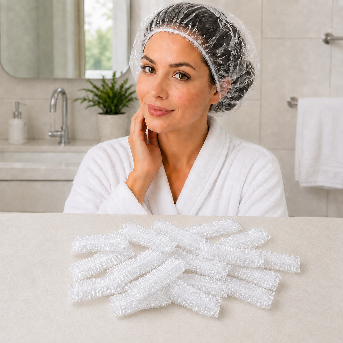 A woman in a white robe wearing a clear shower cap, with many folded shower caps on a counter below.