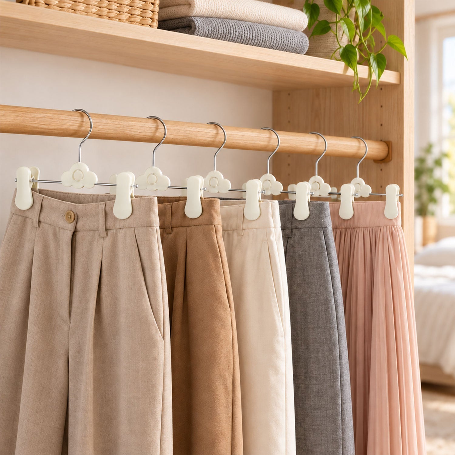 Close-up of five pairs of pants and one skirt on white cloud-shaped hangers in a wooden closet.