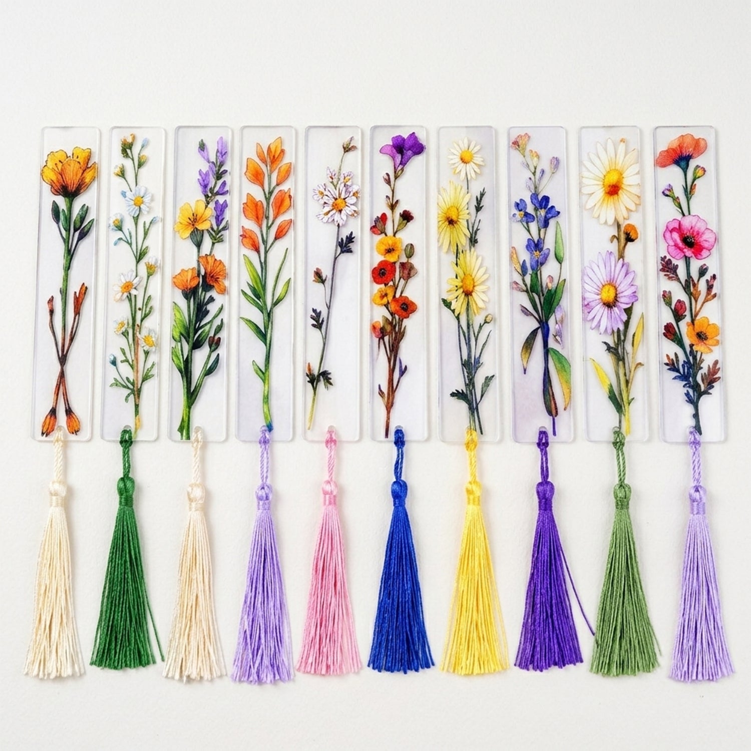 Ten transparent bookmarks with varied pressed flower designs and colorful tassels are displayed in a row.