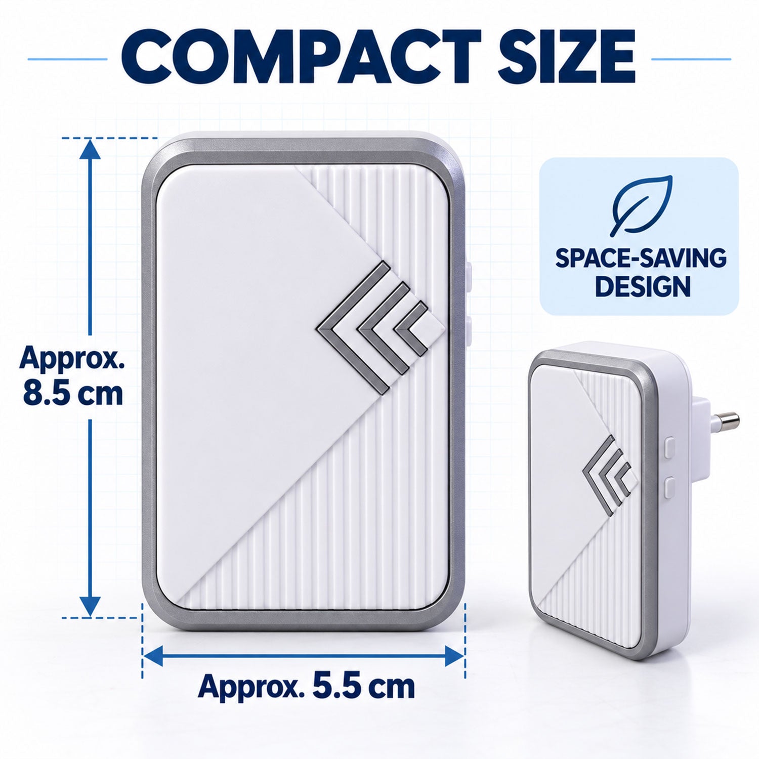 A graphic displaying the white and gray doorbell chime and button with dimensions. The chime is approximately 8.5 cm tall